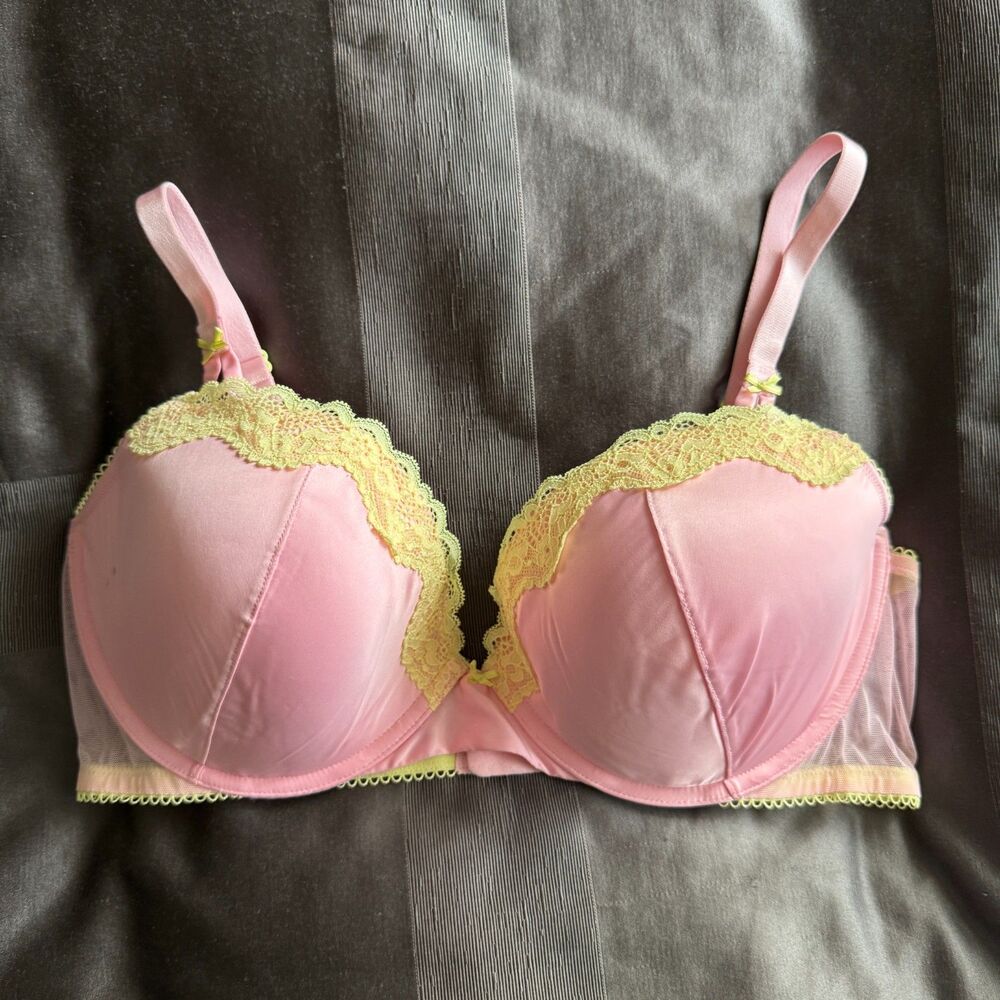 VICTORIA'S SECRET Pink Yellow Lace Push Up Underwire Bra Size 38D